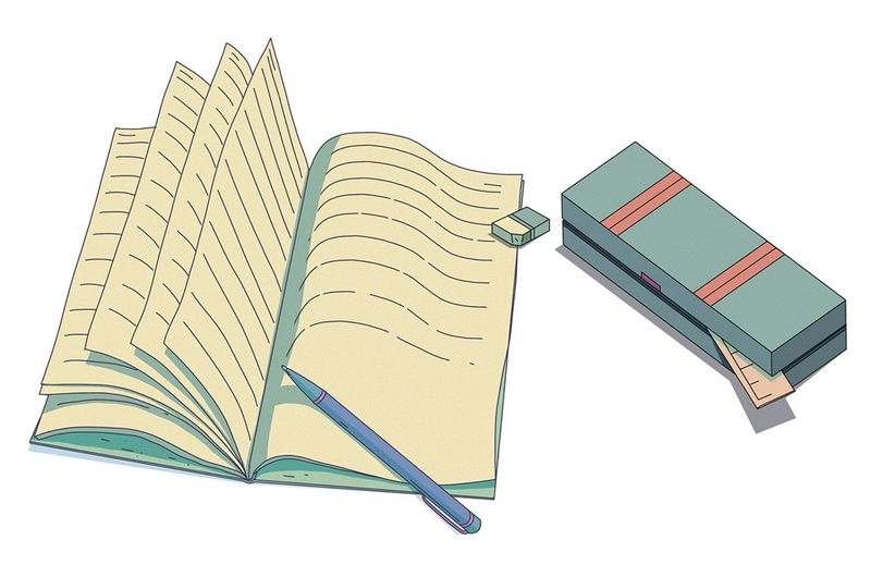 A cartoon portrayal of a notebook and pencil case