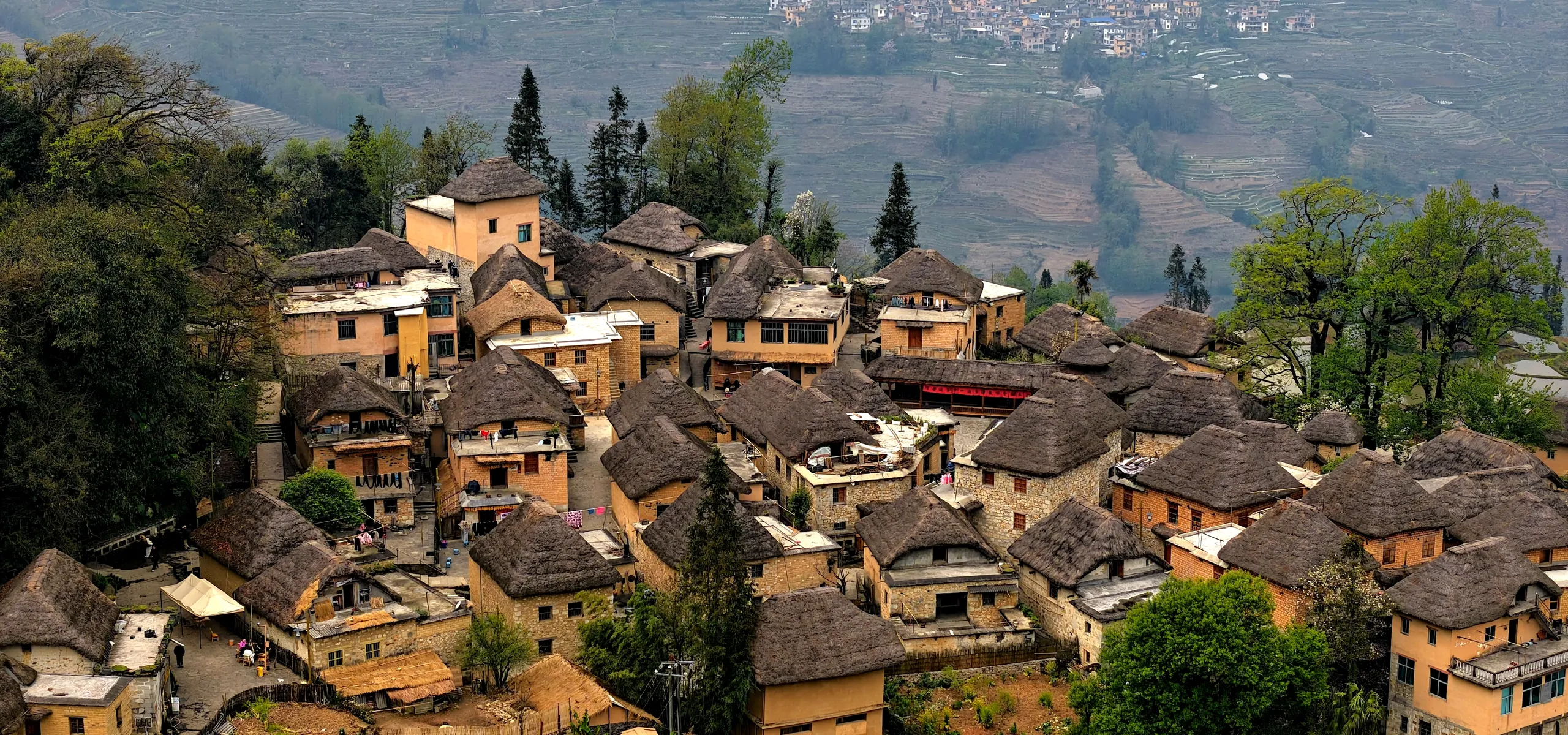 Drone shot of Azheke Village Yuanyang County