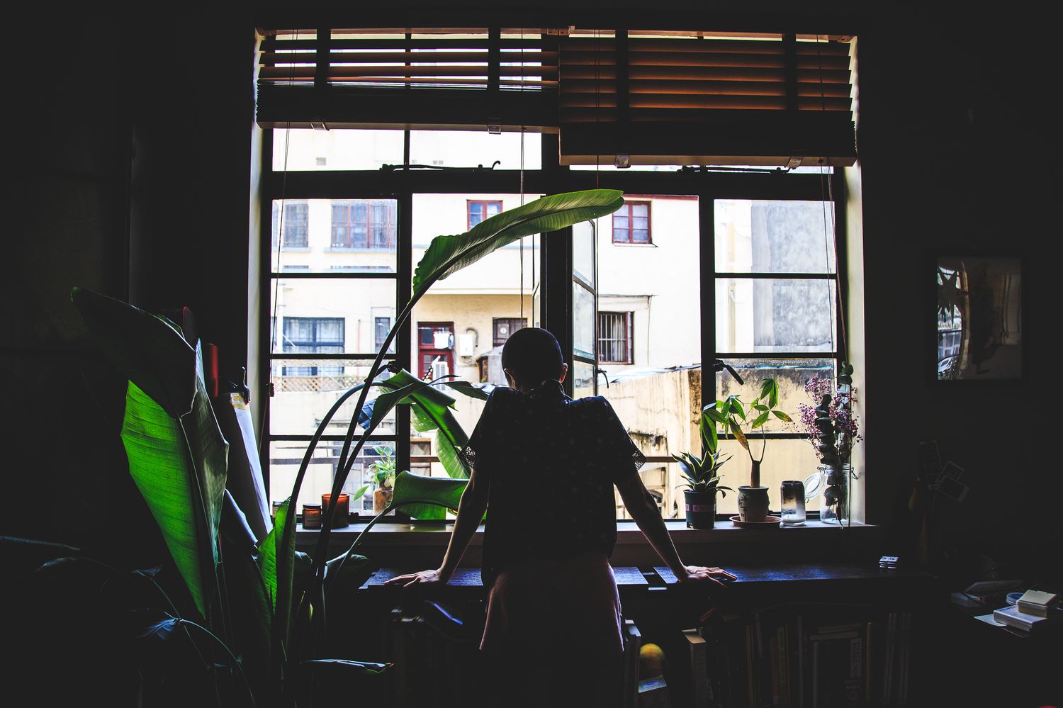 A woman is silhouetted into by her window.