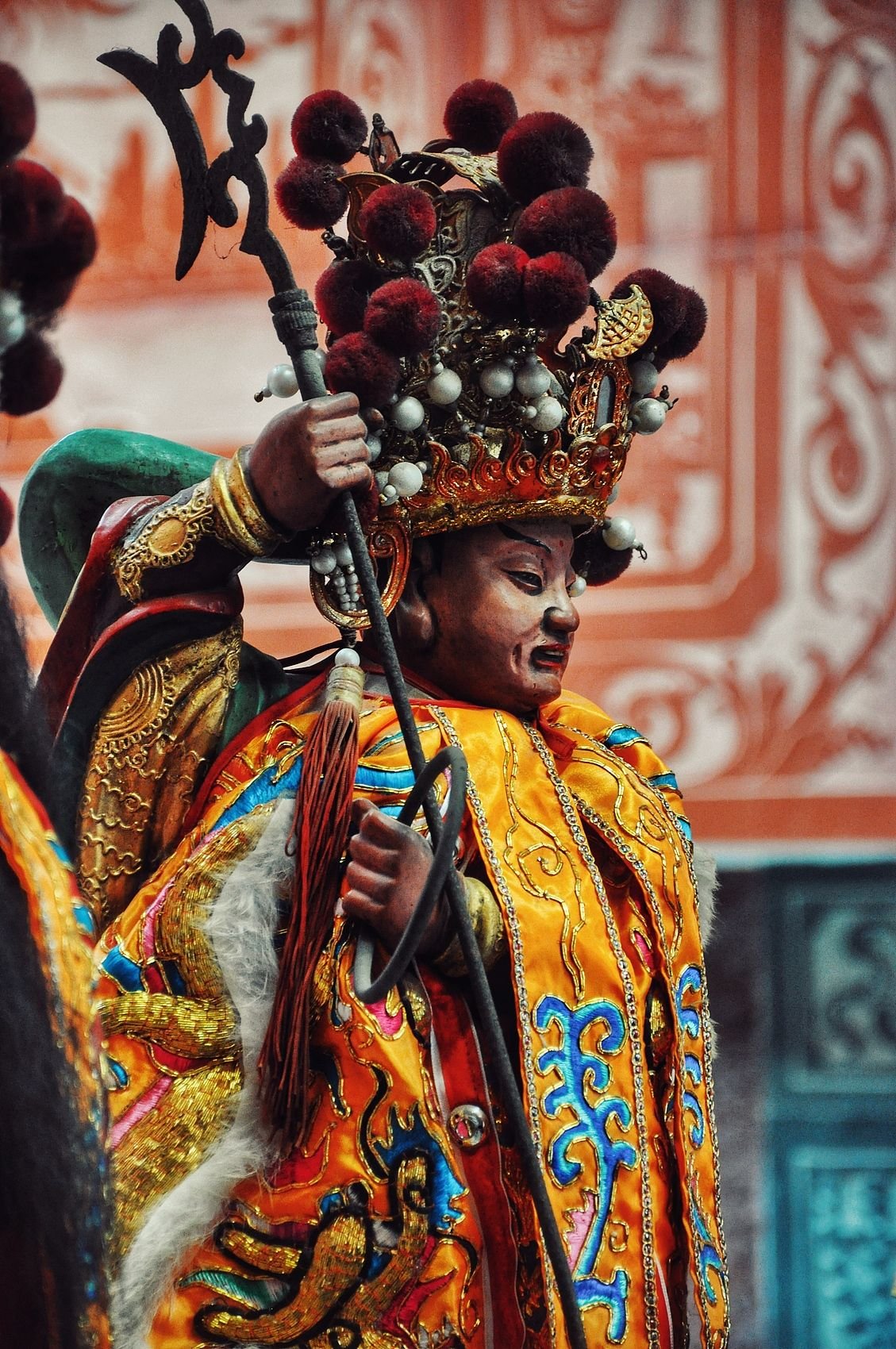 Ne Zha, depicted as a fierce guardian deity, is enshrined in Fengxia Zugong, a Daoist temple in Zhangzhou, Fujian province