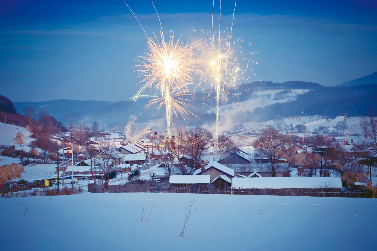 Fireworks at Erhe village, a popular rural destination during the Lunar New Year festival season