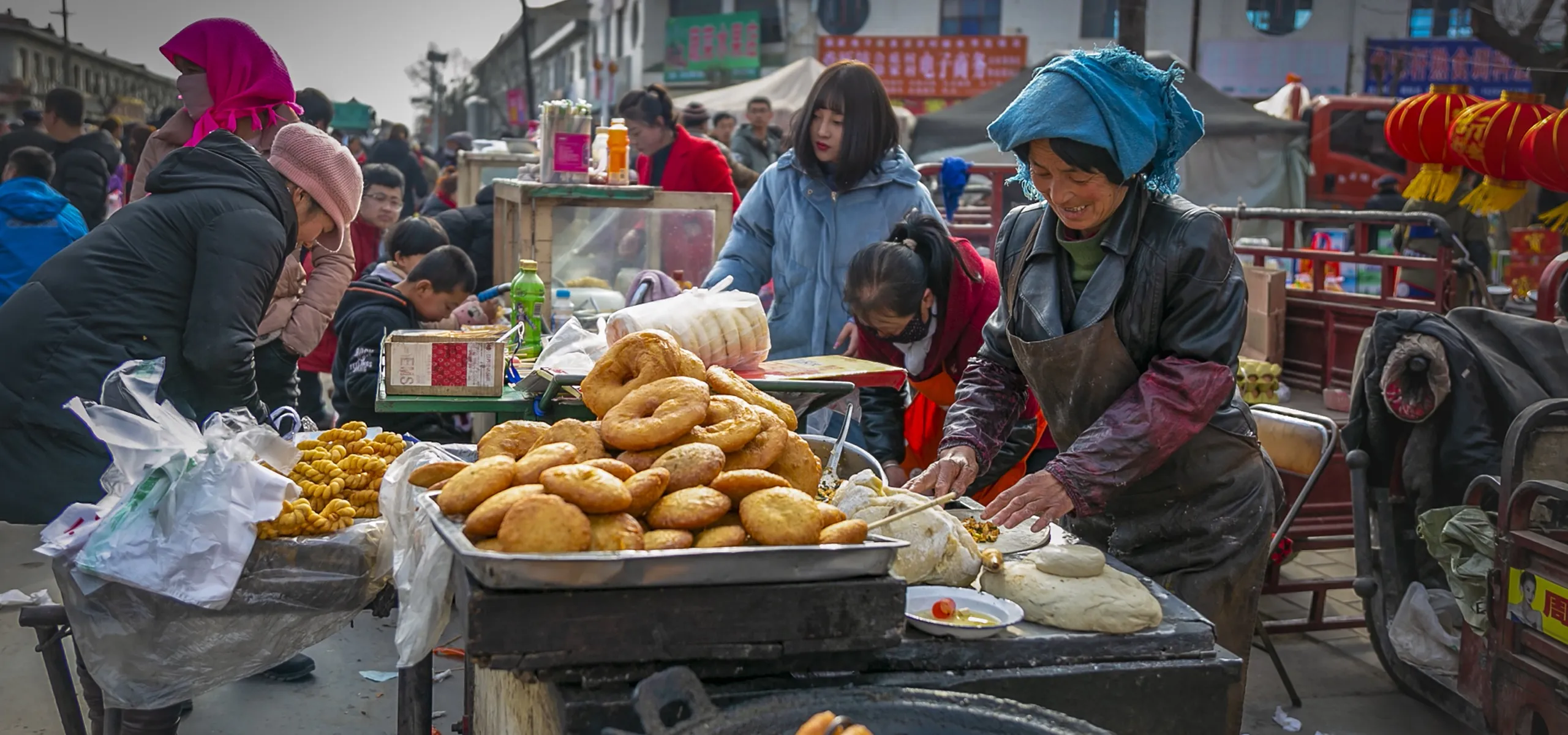 Villagers selling food in Pingliang, Gansu