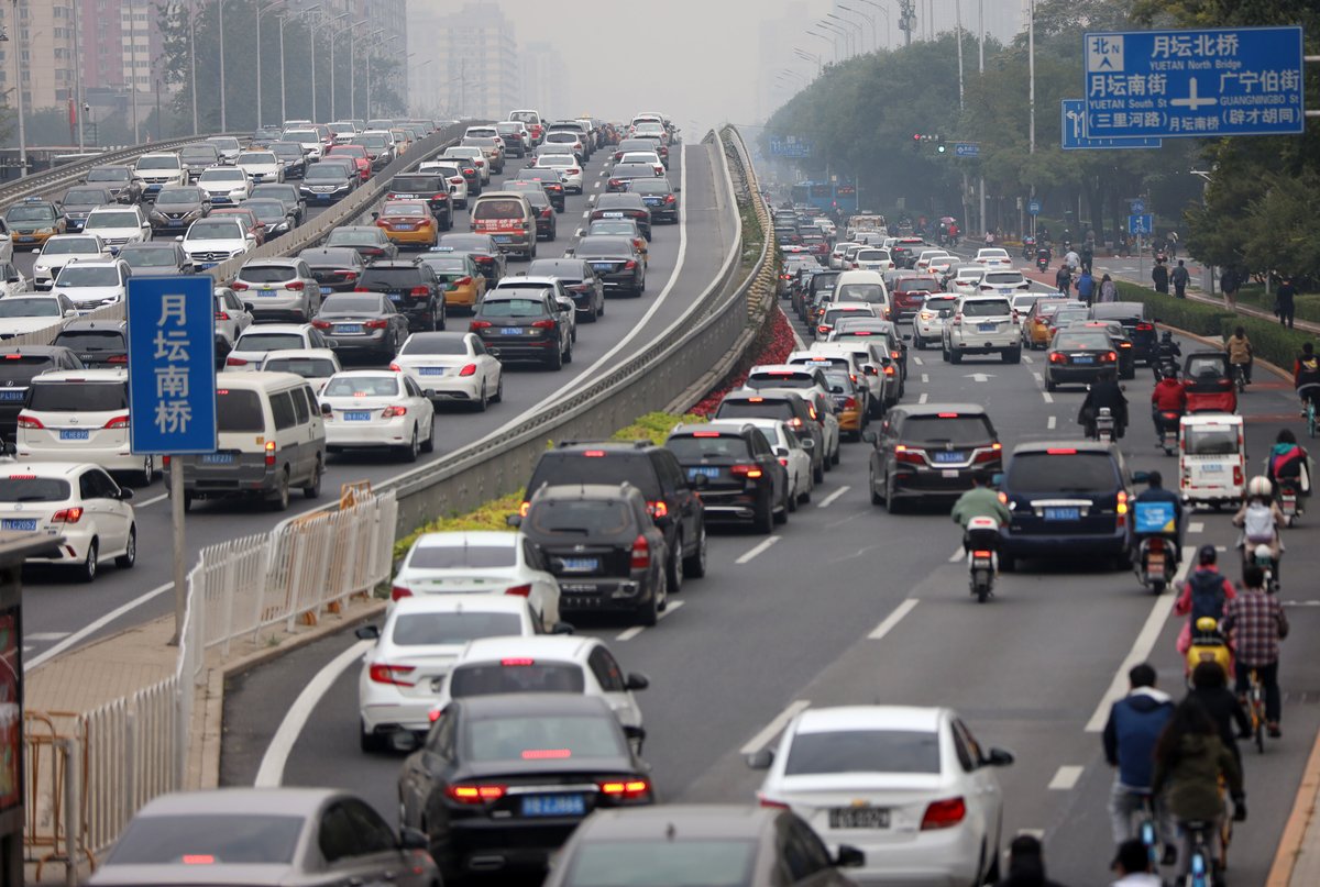 Morning rush hour traffic in Beijing after the National Holiday