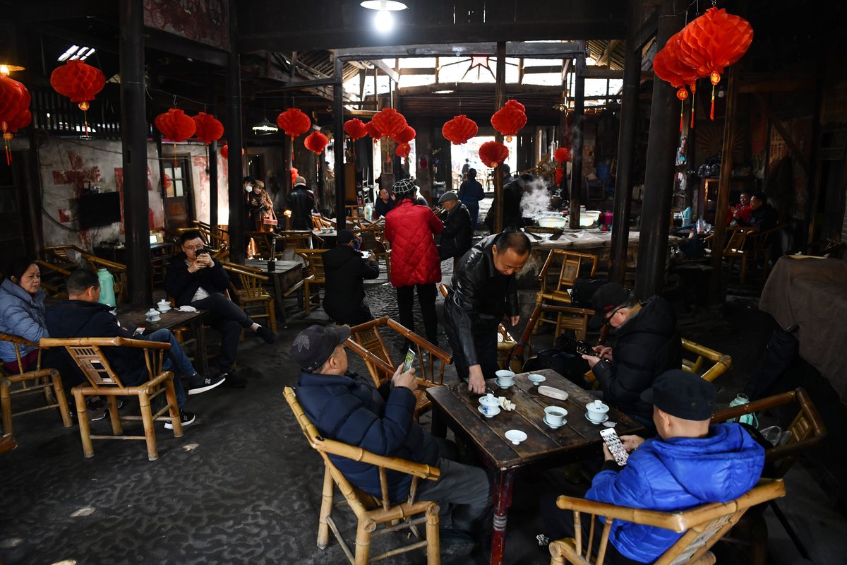 Customers (mostly middle-aged) at a traditional teahouse in Chengdu during the Lunar New Year holiday last month