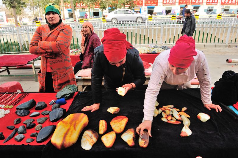 Merchants in Hotan displaying their jade products