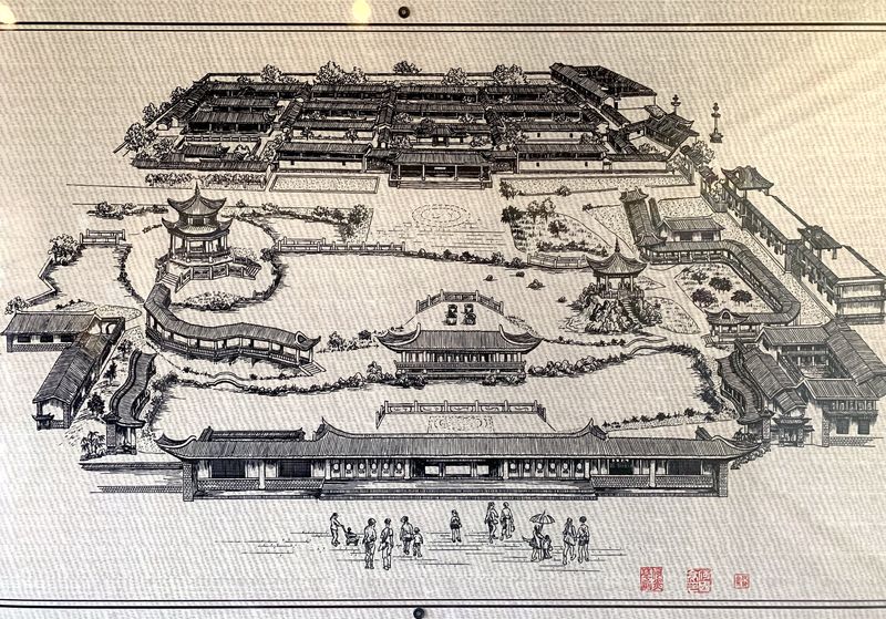 A hand-drawn map of the Zhu Family Garden complex in Jianshui, Yunnan.