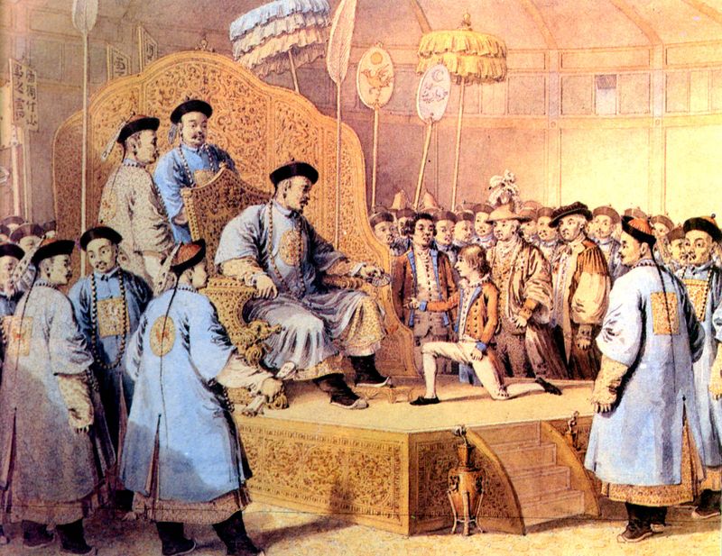George Macartney, Britain's first envoy to China, caused controversy by apparently refusing to kowtow to Emperor Qianlong in 1793. He knelt on one knee instead.