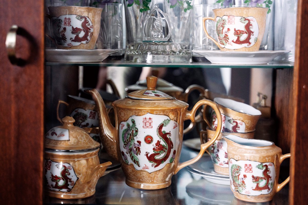 A set of teapots traditionally used during Chinese weddings at a house in Milyanfan