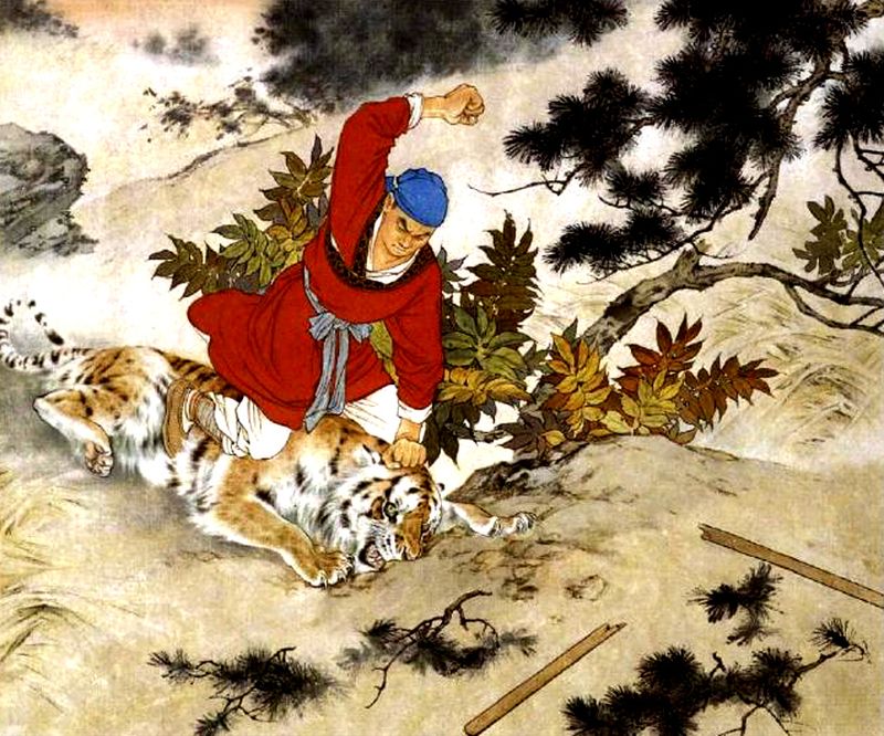 An painting depicting Wu Song beating the tiger